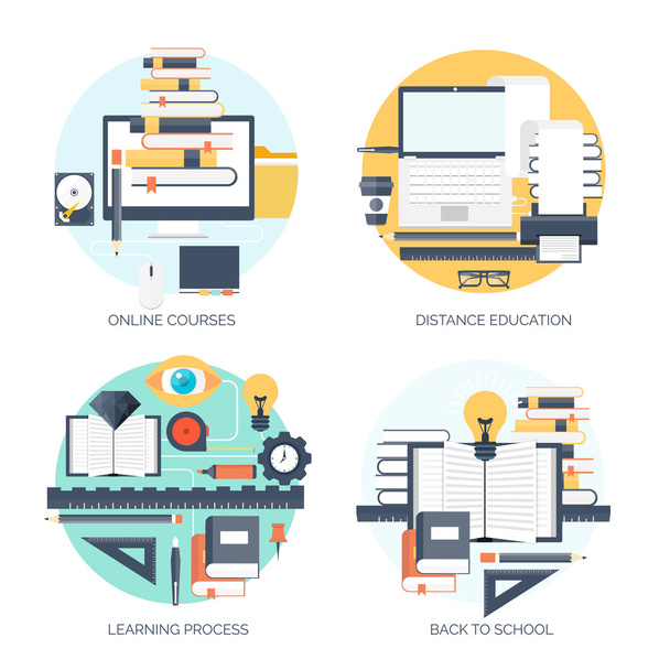 Flat vector illustration. Study and learning concept backgrounds set. Distance education, brainstorm and knowledge growth,school and university subjects.Success and smart ideas, skills up. - Vector, Image