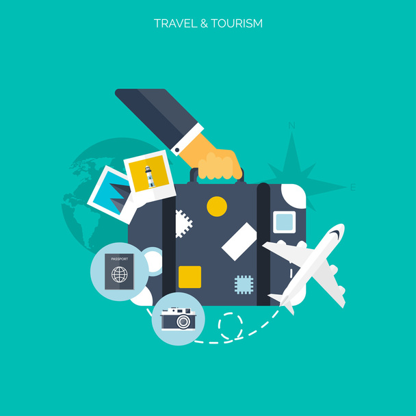 World travel concept background.  Flat icons. Tourism concept image.Holidays and vacation.Sea, ocean, land, air travelling. - Vector, Image