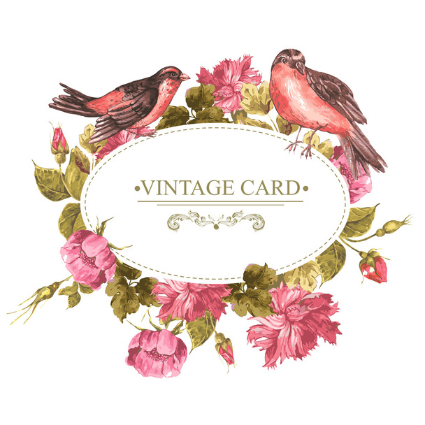 Buquê floral com rosas e pássaros, cartão vintage
 - Vetor, Imagem