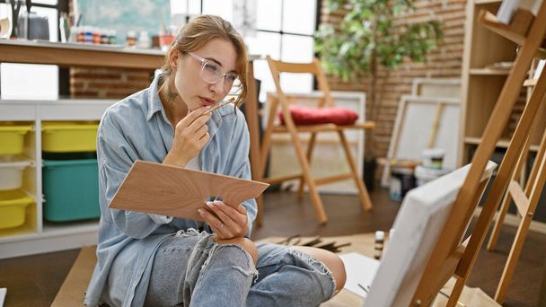 Молода жінка художник сидить на підлозі малює мислення в художній студії - Фото, зображення