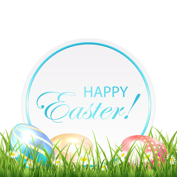 Easter eggs in the grass and round card - Vector, Imagen