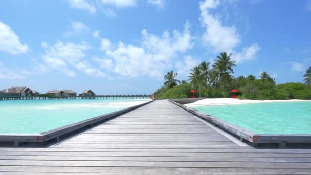 Wooden piers leading from water villas to exotic beach - Footage, Video
