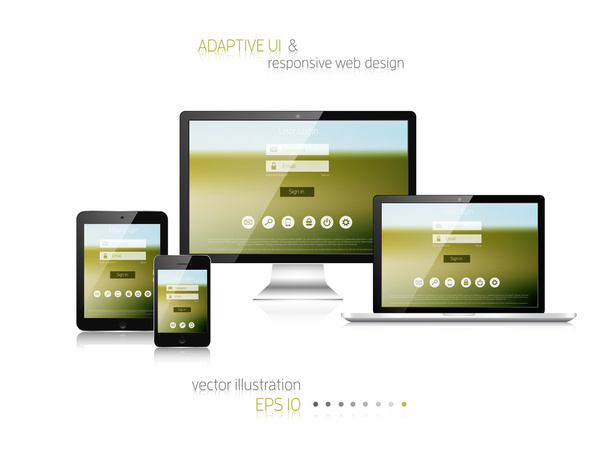 Responsive web design. Adaptive user interface. Digital devises. Laptop, tablet, monitor, smartphone. Web site template concept. - Vector, Image