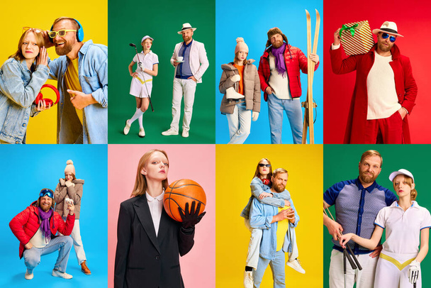 Set made of posters with father and daughter, dad and teenager in different fashion style clothes over multicolored backgrounds. Concept of active lifestyle and happiness, parenthood, sport, ad - Photo, Image