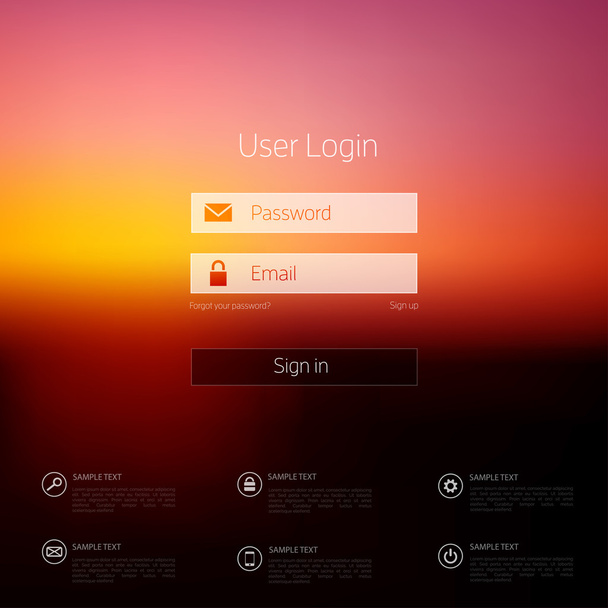 Login form page. with blurred background. Web site template, ui element. - Vector, Image