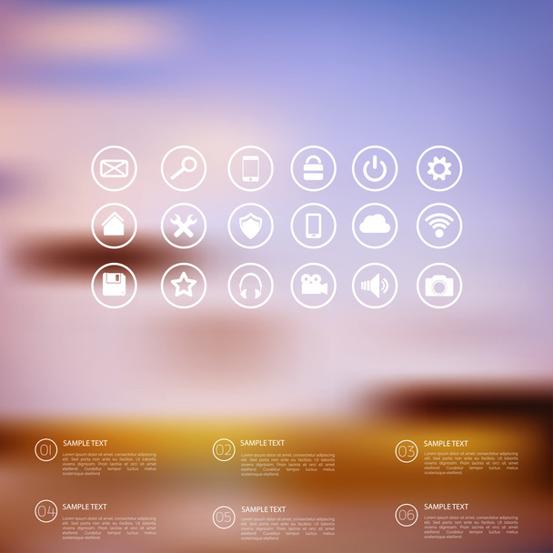 Defocused  abstract texture background with web icons. Cloud Computing.Ui elements. Web site template. - Διάνυσμα, εικόνα