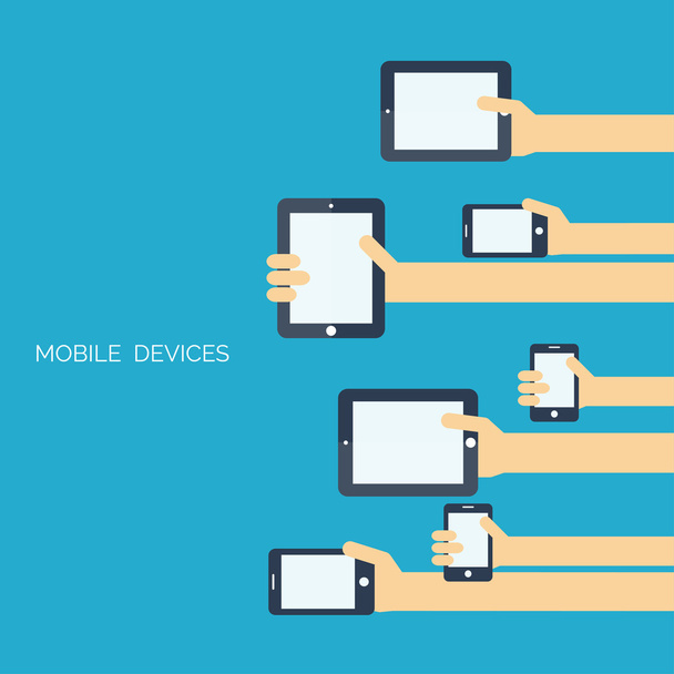 Tablet és okostelefon az emberi kéz. Globális kommunikációs koncepciót. Csevegés. - Vektor, kép