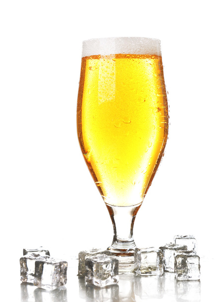 Glass of beer with foam and ice cubes isolated on white - Fotografie, Obrázek