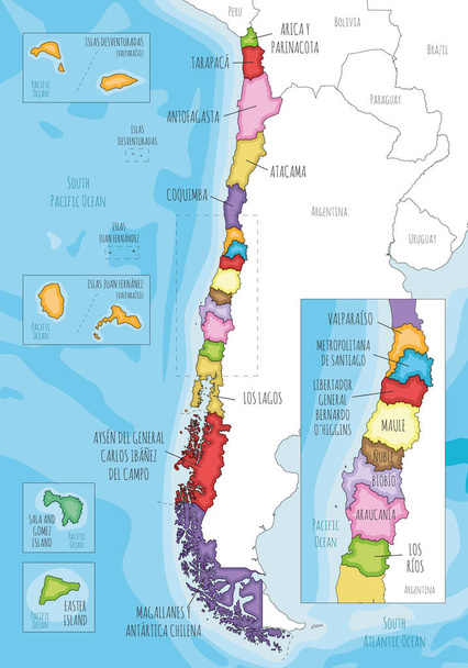 Wektor zilustrował mapę Chile z regionami i terytoriami oraz podziałami administracyjnymi, a także sąsiednimi krajami i terytoriami. Warstwy edytowalne i wyraźnie oznakowane. - Wektor, obraz