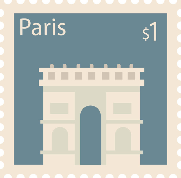 Colorato timbro cartolina piatta con ARC DE TRIOMPHE famoso punto di riferimento e simbolo della città francese di Parigi, FRANCIA - Vettoriali, immagini