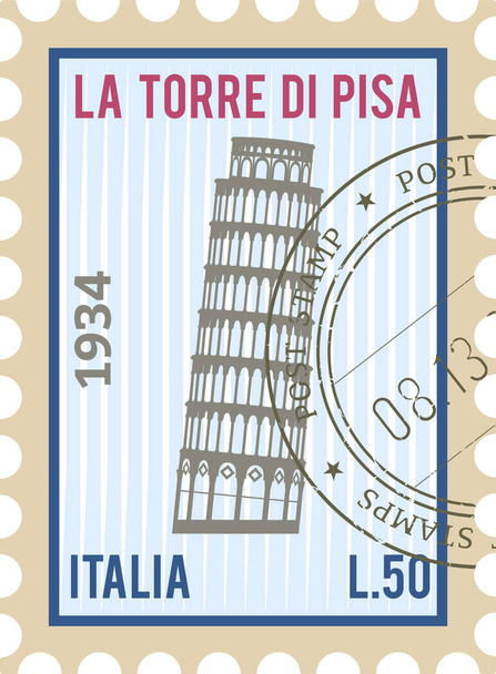 Piatto colorato francobollo cartolina con TORRE PISA famoso punto di riferimento e simbolo della città italiana di PISA, ITALIA - Vettoriali, immagini
