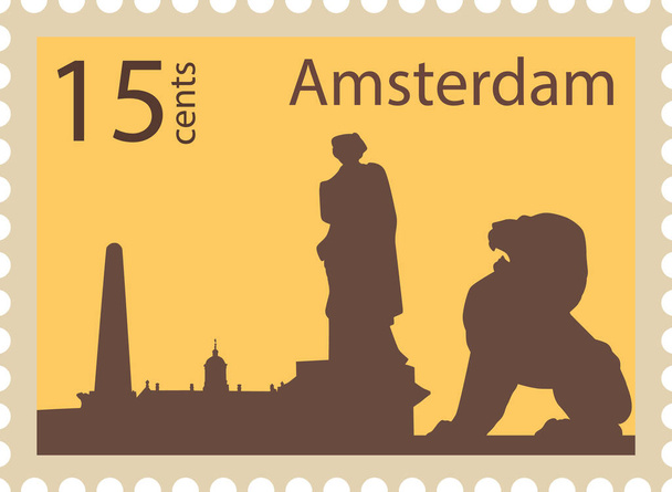 Colorato timbro cartolina piatta con pietra LION STATUE famoso punto di riferimento e simbolo della città olandese di AMSTERDAM, PAESI BASSI - Vettoriali, immagini