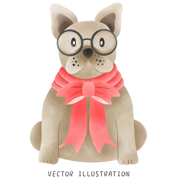 Aquarel Stijl Franse Bulldog Draagt Kerst Hoed - Feestelijke Hand-Drawn Illustratie - Vector, afbeelding
