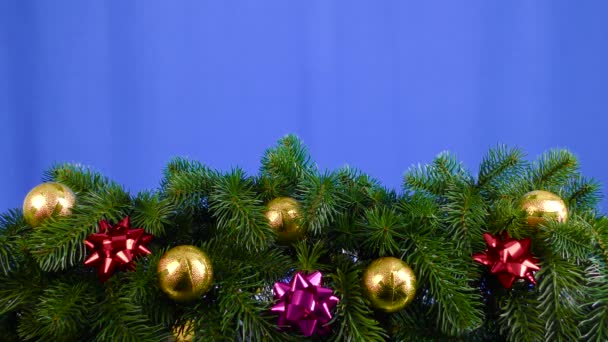 Na niebieskim tle, świąteczne kulki i dekoracje na gałęziach choinki - Materiał filmowy, wideo