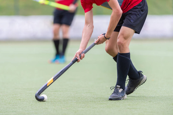 Field Hockey player, ready to pass the ball to a team mate. Horizontal sport theme poster, greeting cards, headers, website and app - Photo, Image