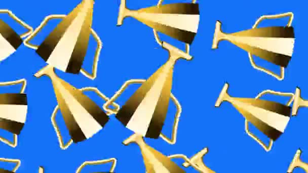 Rotating golden cups on a blue screen. Stock animation of victory and triumph in 4K. Seamless sports background with place for text. - Footage, Video