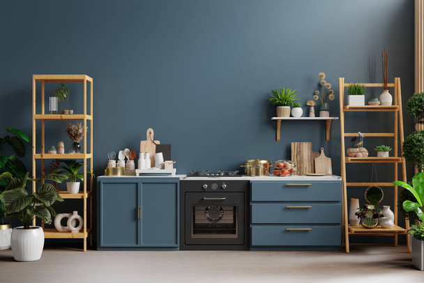 Tmavý kuchyňský interiér s prázdnou modrou stěnou.3D vykreslování - Fotografie, Obrázek