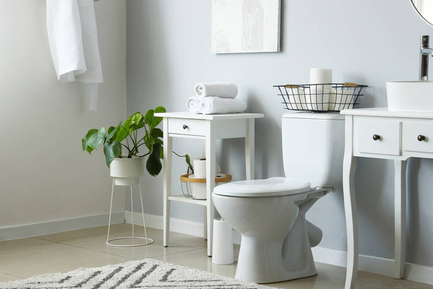 Interiér světlých toalet s keramickou toaletní mísou a toaletními potřebami - Fotografie, Obrázek