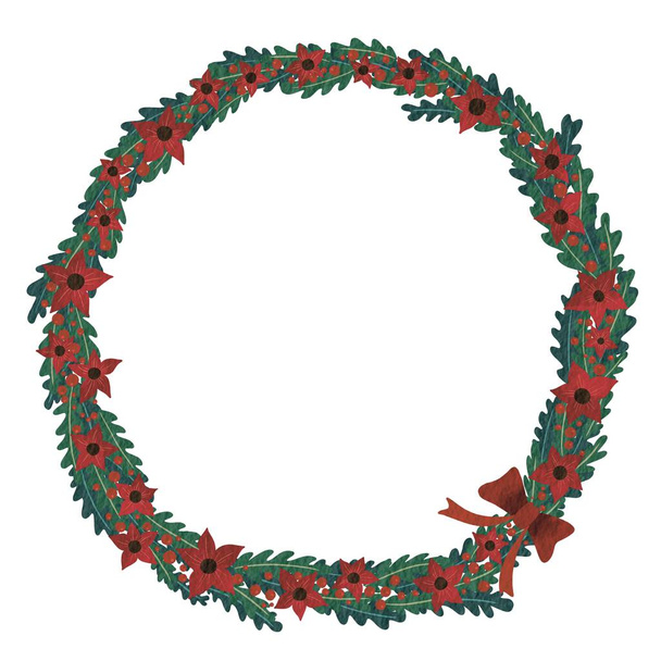 Ghirlanda di fiori di Natale con foglie di felce e fiocco rosso illustrazione per la decorazione su ornamento di Natale . - Foto, immagini