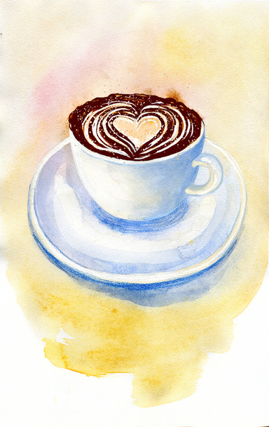 Coffee cup with heart foam on pastel yellow watercolor background - Foto, Imagen