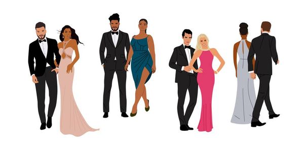 Diverse of multiracial and multinational couples wearing evening formal or black tie outfits for celebration, wedding, Christmas Eve or New Year party. Happy men and women in gorgeous luxury clothes. - Vector, Image