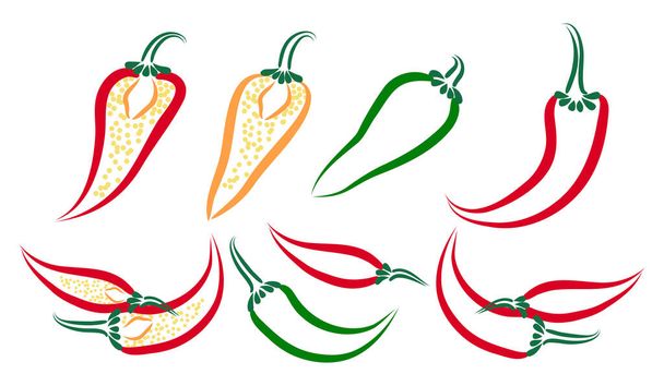 Set of hot chili peppers. Outline symbols of hot spicy chili pepper. Traditional Mexican vegetable spice and food condiment. Vector set of icons. Vector illustration. - Vector, Image
