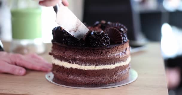 Разрезание ломтика праздничного торта и крупным планом ножевого резания шоколадного торта. Вкусный свежий домашний торт - Кадры, видео