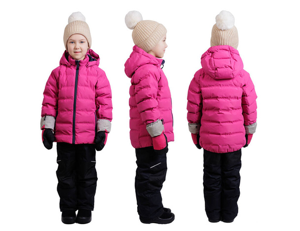 μπροστά και πίσω όψη του μικρού κοριτσιού το χειμώνα φαίνονται απομονωμένα σε λευκό - Φωτογραφία, εικόνα