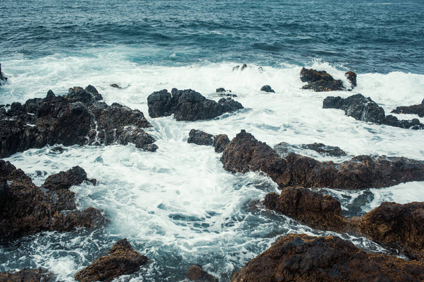 波が付いている美しい岩の海岸 - 写真・画像