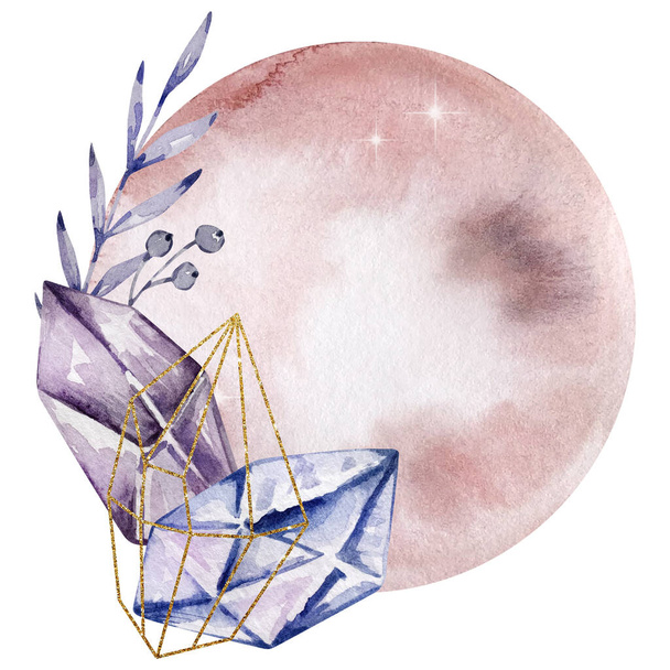 Aquarel maan met kristal en bloemen, mystiek - Foto, afbeelding