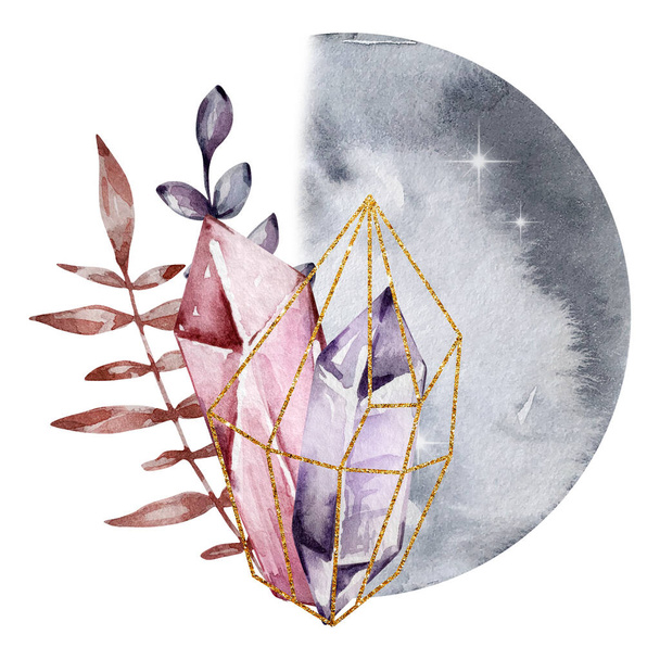 Lune aquarelle avec cristal et floral, mystique - Photo, image