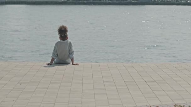 Vista trasera de la niña afroamericana descansando a orillas del río y disfrutando de una vista calmante del agua mientras pasa el día de verano al aire libre en la ciudad - Imágenes, Vídeo