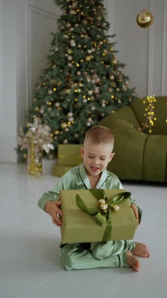 Ένα χαρούμενο παιδί κάθεται κοντά σε ένα στολισμένο χριστουγεννιάτικο δέντρο και κρατάει ένα κουτί με ένα δώρο - Πλάνα, βίντεο