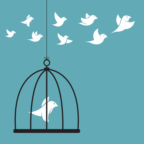 διανυσματική εικόνα του ένα πουλί στο κλουβί και έξω από το κλουβί. ελευθερία - Διάνυσμα, εικόνα