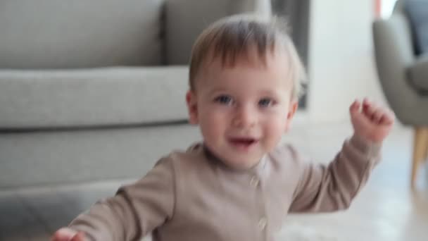Little boy face radiates with excitement as he stretches his tiny arms upward and springs into the air. His infectious laughter fills the space, evoking a sense of pure, unadulterated joy. - Footage, Video
