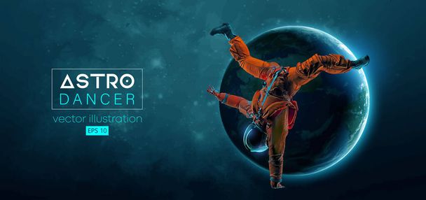 Abstract silhouette of a young hip-hop dancer, brake dancing man astronaut in space action and Earth, Mars, planets on the background of the space. Vector 3d render illustration - Vector, Image