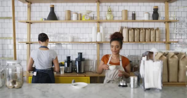 Woman, cafe and serve in coffee shop, smile and serving customer in startup, working and store. Service, business owner and server with colleague, worker and apron for restaurant, drink and waitress. - Footage, Video