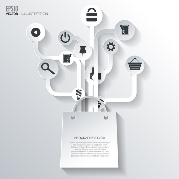 Shopping bag icon. Icon tree. Flat abstract background with web icons. Interface symbols. Cloud computing. Mobile devices.Business concept. - Vettoriali, immagini