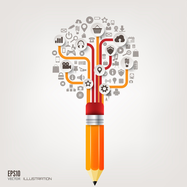 Pencil icon. Flat abstract background with web icons. Interface symbols. Cloud computing. Mobile devices.Business concept. - Vector, Image