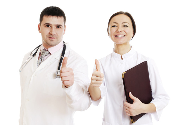 Two doctors male and female showing ok sign - Photo, Image