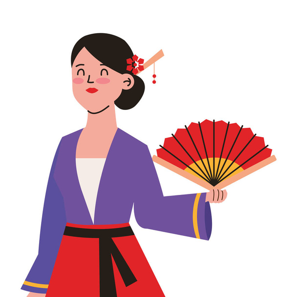 chinees vrouw met fan illustratie geïsoleerd - Vector, afbeelding