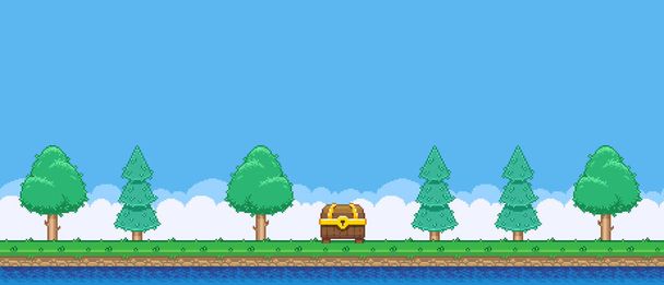 8bit colorido simples vetor pixel arte horizontal ilustração de caixa do tesouro dos desenhos animados na floresta mista perto da água em retro vídeo game platformer level style - Vetor, Imagem