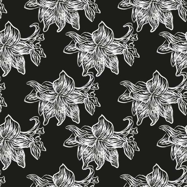 Contrast black and white seamless pattern of lilies on a black background. Vector eps 10. - Vector, Image