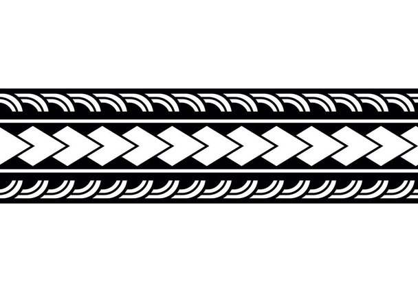 Pulsera de tatuaje polinesia maorí. Manga tribal sin costuras patrón vector. Samoa borde tatuaje diseño delantero brazo o pie. Brazalete tatuaje tribal. ornamento sin costuras de tela de banda aislada sobre fondo blanco - Vector, imagen