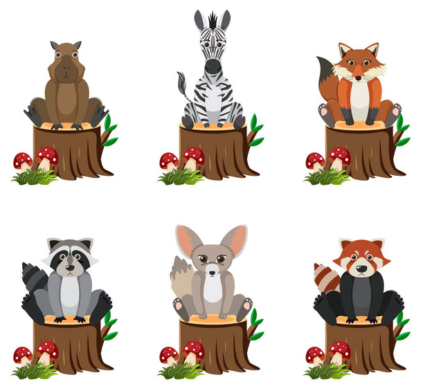 Векторная карикатура на различных диких животных, сидящих на пне - Вектор,изображение