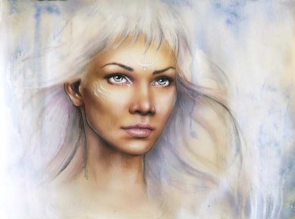 Beautiful airbrush portrait of a young enchanting woman warrior with white shiny hair and a direct look - Photo, Image