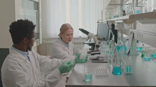Medium shot van twee multi-etnische mannelijke en vrouwelijke laboratoriumchemici die experimenten uitvoeren op de werkplek - Video