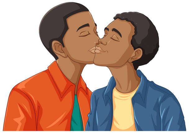Afrikai meleg pár rajzfilm csók illusztráció - Vektor, kép