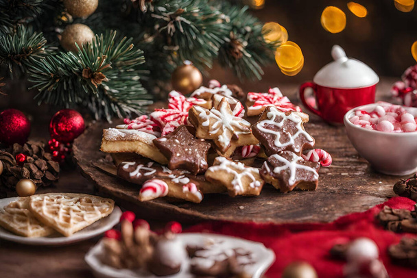 Bonbons de Noël pour les vacances, pain d'épice panettoni et petites maisons - Photo, image