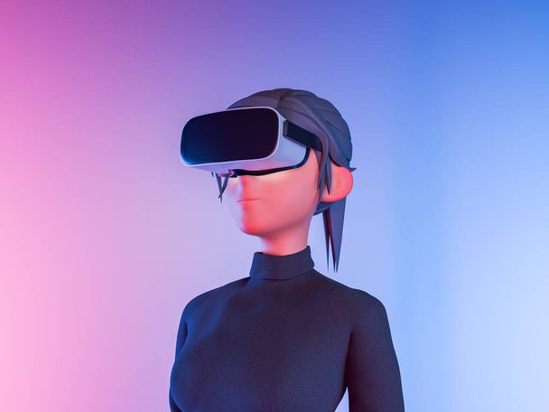 Representación en 3D de una mujer de dibujos animados adulta con gafas de realidad virtual, inmersa en una simulación, con un vibrante fondo de gradiente de neón. - Foto, Imagen